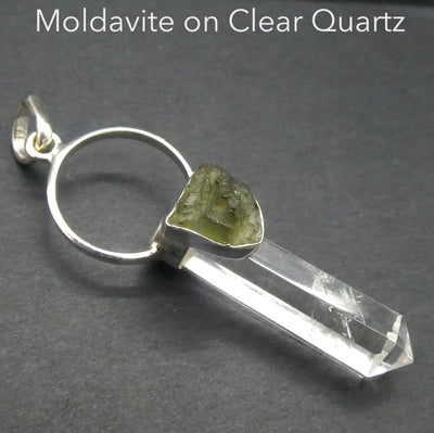 Raw Moldavite Nugget Pendant On Clear Quartz Point | 925 Sterling Silver | Genuine Gems from Crystal Heart Melbourne Australia since 1986