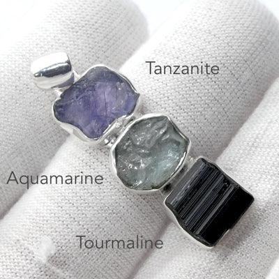 Mixed Gemstone Pendant  | Raw Stones | Tanzanite | Aquamarine | Black Tourmaline | 925 Sterling Silver | Genuine Gems from Crystal Heart Melbourne since 1986