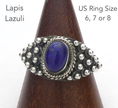 Lapis Lazuli Ring | Oval Cabochon | Sterling Silver | Gothic silver ball work |Meditation | Inner Truth | US Size 6, 7, 8 | Crystal Heart Melbourne  Oz est 1986