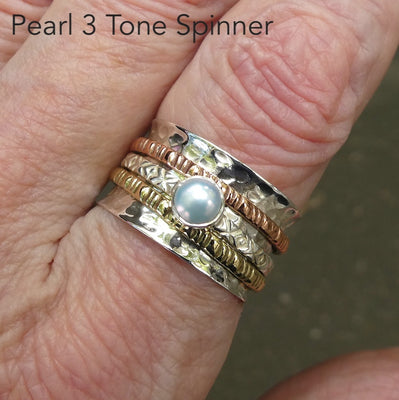 Hammered Silver Ring with Spinning 3 tone band & Freshwater Pearl | 925 Sterling Silver | Crystal Heart Melbourne Australia since 1986