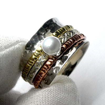 Hammered Silver Ring with Spinning 3 tone band & Freshwater Pearl | 925 Sterling Silver | Crystal Heart Melbourne Australia since 1986