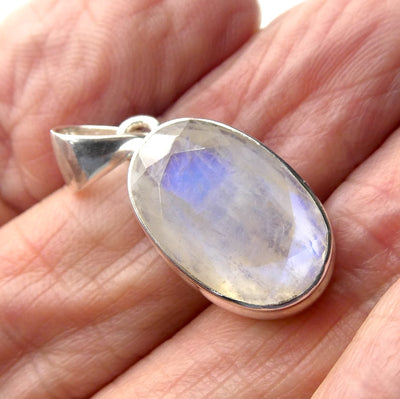 Rainbow Moonstone Pendant | Blue Flash | Faceted Oval | 925 Sterling Silver | Bezel Set | Open Back | Cancer Libra Scorpio | Genuine Gems from Crystal Heart Melbourne Australia 1986