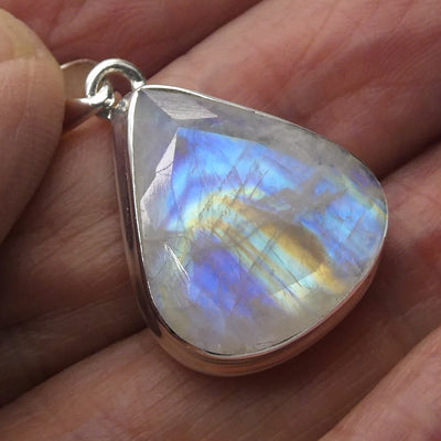 Rainbow Moonstone Pendant | Blue Flash | Faceted Teardrop | 925 Sterling Silver | Bezel Set | Open Back | Cancer Libra Scorpio | Genuine Gems from Crystal Heart Melbourne Australia 1986