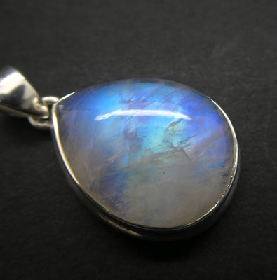Rainbow Moonstone Pendant | Blue Flash | Cabochon Teardrop | 925 Sterling Silver | Bezel Set | Open Back | Cancer Libra Scorpio | Genuine Gems from Crystal Heart Melbourne Australia 1986
