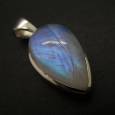 Rainbow Moonstone Pendant | Blue Flash | Cabochon Teardrop | 925 Sterling Silver | Bezel Set | Open Back | Cancer Libra Scorpio | Genuine Gems from Crystal Heart Melbourne Australia 1986