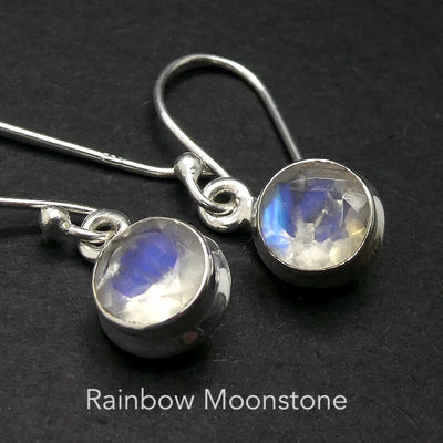 Natural Rainbow Moonstone Earrings | Dainty Round Faceted Gemstones | Super Quality | Transparency with Blue Flashes | 925 Sterling Silver |  Cancer Libra Scorpio Stone | Genuine Gems from Crystal Heart Melbourne Australia 1986