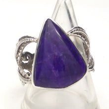 Load image into Gallery viewer, Sugilite or Luvulite Ring | Triangle Cabochon | Leaf design | 925 Sterling Silver | Size 10 | Genuine S. African Natural Stone | Activate Spiritual Vision | Crystal Heart Melbourne Australia since 1986 | Prof Sugi | Mt Fuji Japan 1947 | S.Africa 1986