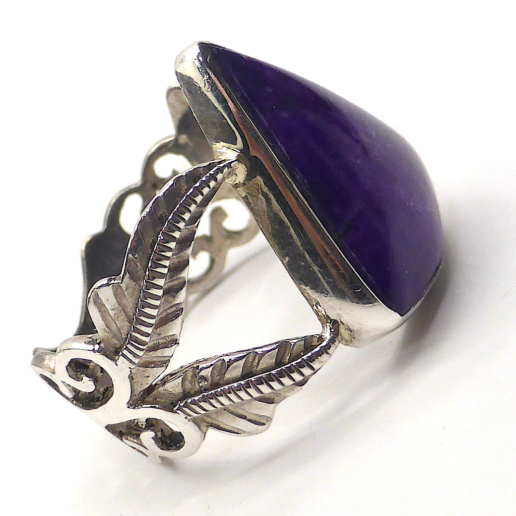 Sugilite or Luvulite Ring | Triangle Cabochon | Leaf design | 925 Sterling Silver | Size 10 | Genuine S. African Natural Stone | Activate Spiritual Vision | Crystal Heart Melbourne Australia since 1986 | Prof Sugi | Mt Fuji Japan 1947 | S.Africa 1986