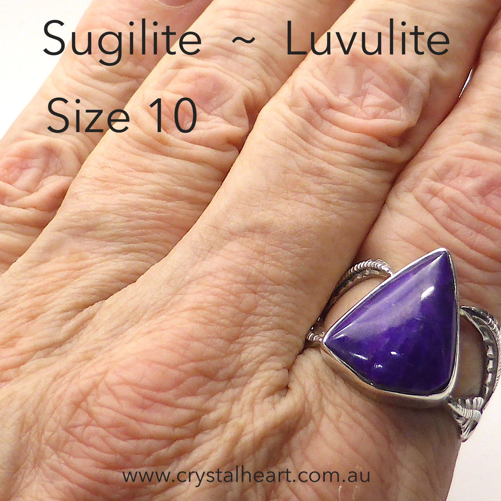 Sugilite or Luvulite Ring | Triangle Cabochon | Leaf design | 925 Sterling Silver | Size 10 | Genuine S. African Natural Stone | Activate Spiritual Vision | Crystal Heart Melbourne Australia since 1986 | Prof Sugi | Mt Fuji Japan 1947 | S.Africa 1986