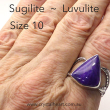 Load image into Gallery viewer, Sugilite or Luvulite Ring | Triangle Cabochon | Leaf design | 925 Sterling Silver | Size 10 | Genuine S. African Natural Stone | Activate Spiritual Vision | Crystal Heart Melbourne Australia since 1986 | Prof Sugi | Mt Fuji Japan 1947 | S.Africa 1986