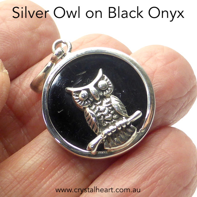Owl Pendant on Black Onyx Disc | 925 Sterling Silver | Wisdom and Protection & Harmony | Crystal Heart Melbourne Australia since 1986