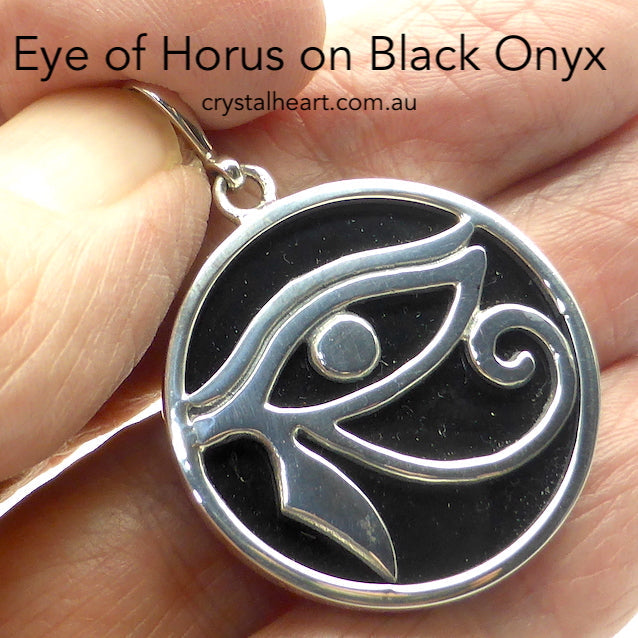 Eye of Horus Pendant on Black Onyx Disc | 925 Sterling Silver | Healing, Protection, Well Bring | Crystal Heart Melbourne Australia since 1986