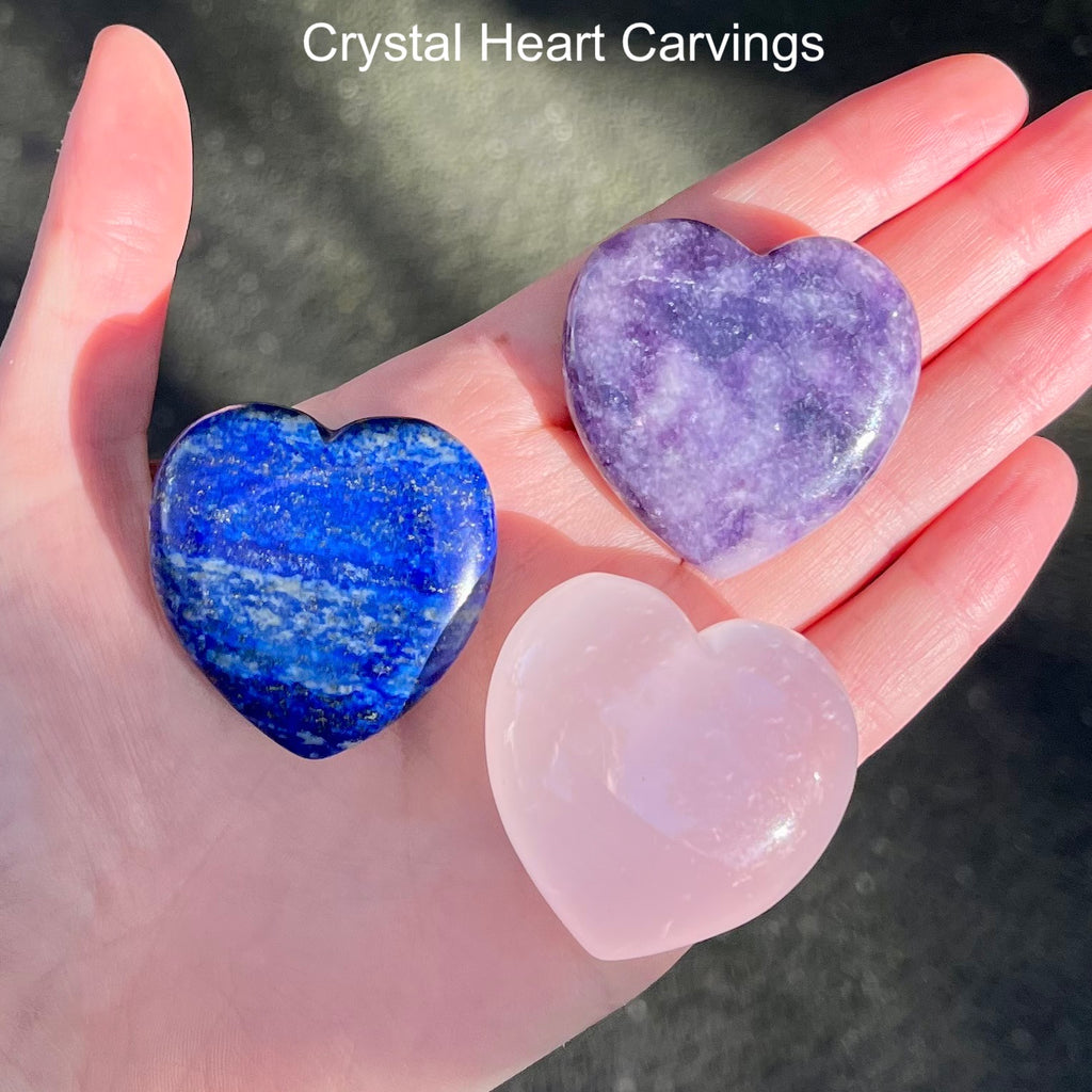 Crystal Heart Carvings  | Lepidolite | Lapis Lazuli | Pink Calcite | Intuition Calm Healing  | Purifying Energy | Genuine Gems from Crystal Heart Melbourne Australia since 1986