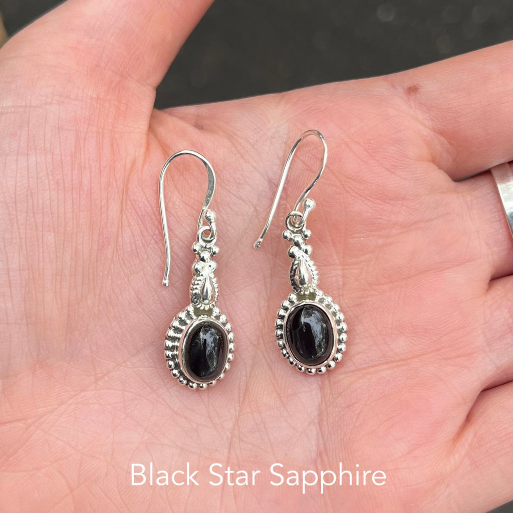 Black Star Sapphire Gemstone Earrings | Oval Cabochon | 925 Sterling Silver | Ethnic Detail |  Crystal Heart Melbourne Australia since 1986