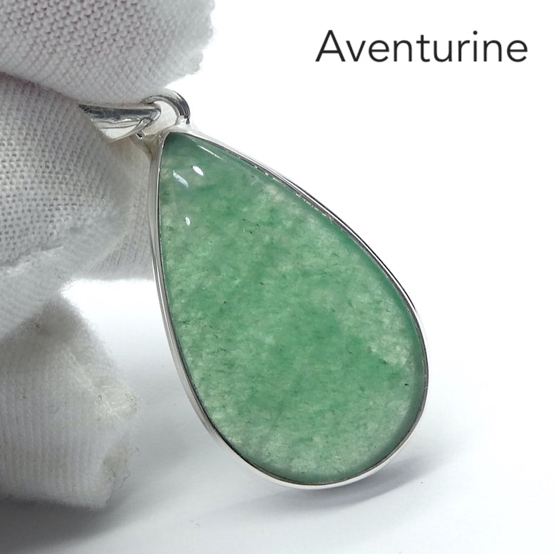 Green Aventurine Pendant | Teardrop Cabochon | Good Sterling Silver stepped bezel setting | Open Back | Known as The  'All Round Healer' | Plexus and Physical Heart |  more natural breathing and all the health benefits accruing from that | Genuine Gems from Crystal Heart Melbourne Australia since 1986