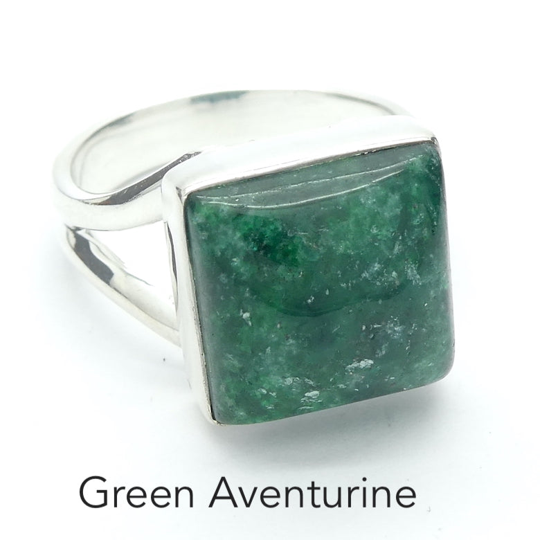 Square Cabochon of Green Aventurine | Ring | US Size 8 | AUS Size P1/2  | Good quality Sterling Silver setting | Known as The  'All Round Healer' | Plexus and Physical Heart |  more natural breathing and all the health benefits accruing from that | Genuine Gems from Crystal Heart Melbourne Australia since 1986
