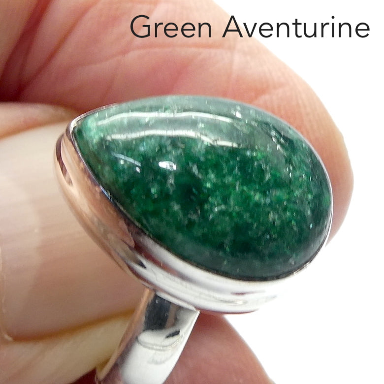 Teardrop Cabochon of Green Aventurine | Ring | US Size 6  | AUS Size L1/2  | Good quality Sterling Silver setting | Known as The  'All Round Healer' | Plexus and Physical Heart |  more natural breathing and all the health benefits accruing from that | Genuine Gems from Crystal Heart Melbourne Australia since 1986
