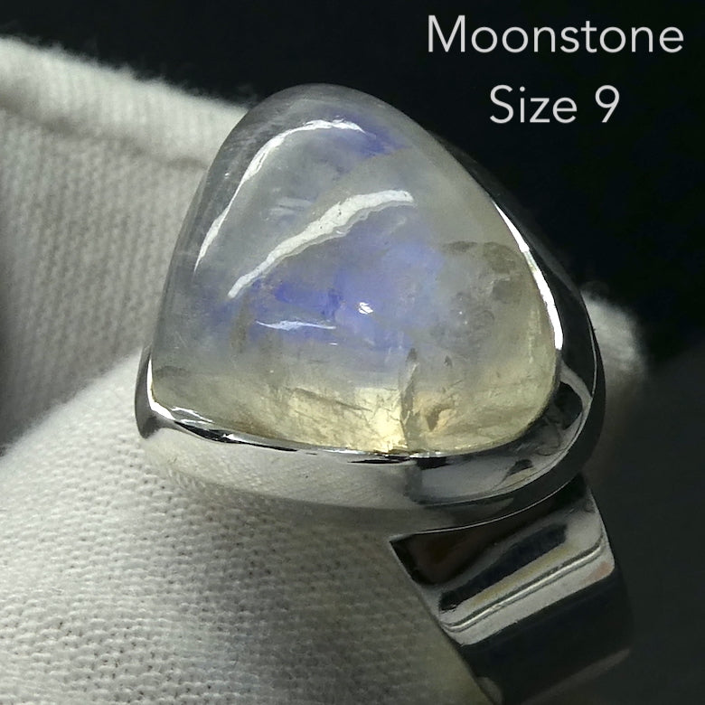 Natural Rainbow Moonstone Ring | Soft Puff Triangle Cabochon | Good Transparency with Blue Flashes | US Size 9 | Aus Size R1/2 | 925 Sterling Silver |  Cancer Libra Scorpio Stone | Genuine Gems from Crystal Heart Melbourne Australia 1986