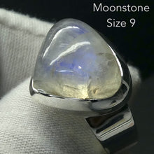Load image into Gallery viewer, Natural Rainbow Moonstone Ring | Soft Puff Triangle Cabochon | Good Transparency with Blue Flashes | US Size 9 | Aus Size R1/2 | 925 Sterling Silver |  Cancer Libra Scorpio Stone | Genuine Gems from Crystal Heart Melbourne Australia 1986