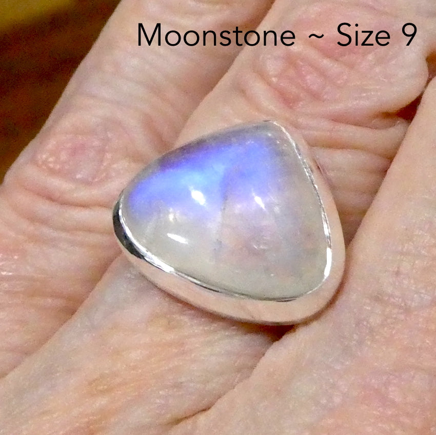 Natural Rainbow Moonstone Ring | Soft Puff Triangle Cabochon | Good Transparency with Blue Flashes | US Size 9 | Aus Size R1/2 | 925 Sterling Silver |  Cancer Libra Scorpio Stone | Genuine Gems from Crystal Heart Melbourne Australia 1986
