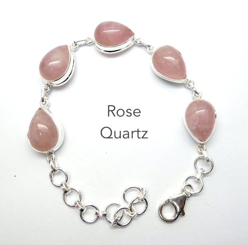 Rose Quartz Bracelet | 5 Teardrop Cabochons bezel set and linked in a line | Adjustable length | Genuine Gemstones from Crystal Heart Melbourne Australia since 1986