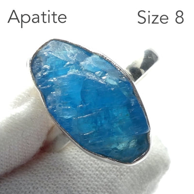 Neon Blue Apatite Ring | Raw Uncut Natural Nugget | Authentic Organic Look | 925 Sterling Silver | Simple Setting | US Size 8 | 9 | 10 | Genuine Gems from  Crystal Heart Melbourne Australia since 1986