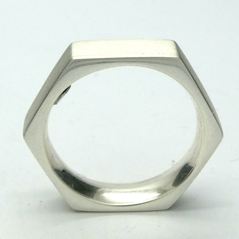 Hexagonal Unisex Ring | 925 Sterling Silver | Outer edges brushed | Inner edge highly polished and cambered | US Size 7 or 8 | Aus Size N1/2 or P1/2 | Crystal Heart Melbourne Australia since 1986