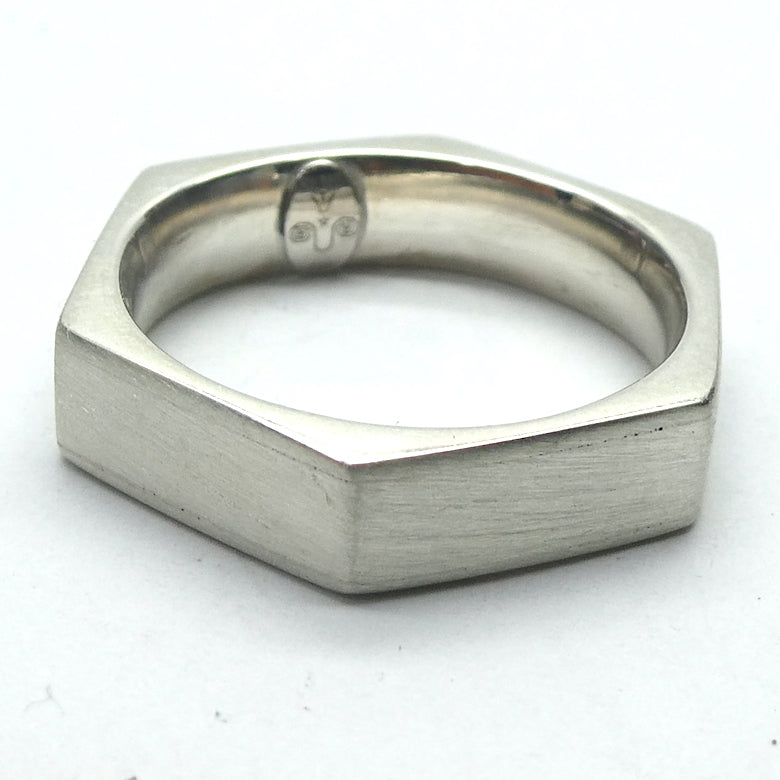 Hexagonal Unisex Ring | 925 Sterling Silver | Outer edges brushed | Inner edge highly polished and cambered | US Size 7 or 8 | Aus Size N1/2 or P1/2 | Crystal Heart Melbourne Australia since 1986