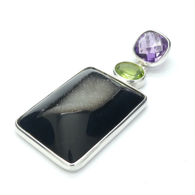 Druzy Black Onyx Pendant | Oblong Cabochon with crystal pocket | Faceted Amethyst and Peridot above | 925 Sterling Silver Setting | Empowering, protective, uplifting and spiritual | Genuine Gems from Crystal Heart Melbourne Australia since 1986