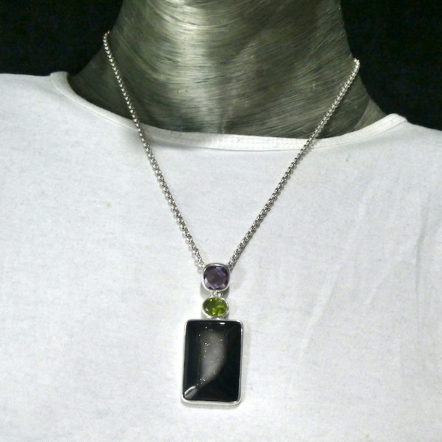 Druzy Black Onyx Pendant | Oblong Cabochon with crystal pocket | Faceted Amethyst and Peridot above | 925 Sterling Silver Setting | Empowering, protective, uplifting and spiritual | Genuine Gems from Crystal Heart Melbourne Australia since 1986