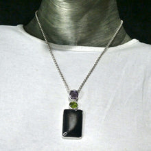 Load image into Gallery viewer, Druzy Black Onyx Pendant | Oblong Cabochon with crystal pocket | Faceted Amethyst and Peridot above | 925 Sterling Silver Setting | Empowering, protective, uplifting and spiritual | Genuine Gems from Crystal Heart Melbourne Australia since 1986