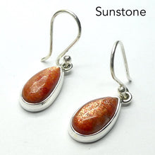 Load image into Gallery viewer, Natural Sunstone Earrings | Sparkling Teardrop Cabochon | 925 Sterling Silver  | Classic Bezel Setting | Open Back | Positive Uplifting emotions  | Leo Libra Star Stone | Genuine Gems from Crystal Heart Melbourne Australia since 1986