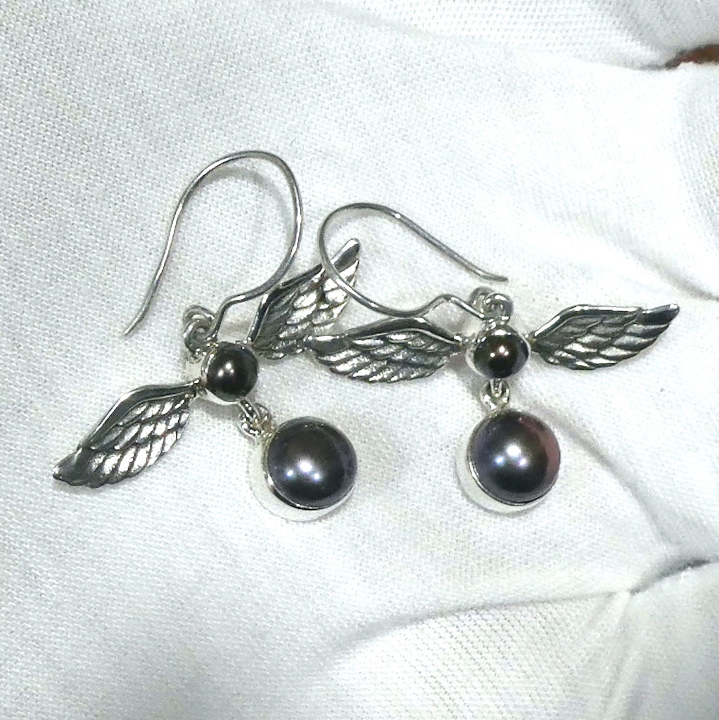 Classic Freshwater Pearl Earrings  | 925 Sterling Silver | 2 black  pearls with good lustre held between feathered silver angel wings | Genuine Gems from Crystal Heart Melbourne Australia since 1986