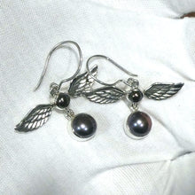 Load image into Gallery viewer, Classic Freshwater Pearl Earrings  | 925 Sterling Silver | 2 black  pearls with good lustre held between feathered silver angel wings | Genuine Gems from Crystal Heart Melbourne Australia since 1986