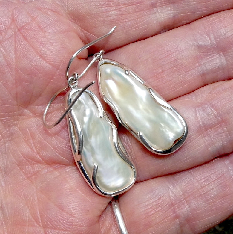 Freshwater Baroque Pearl Earrings | 925 Sterling Silver | Lovely Lustre | Bezel set and held in place by organic tendrils of Silver that overlay the pearl | Genuine Gems from Crystal Heart Melbourne Australia since 1986
