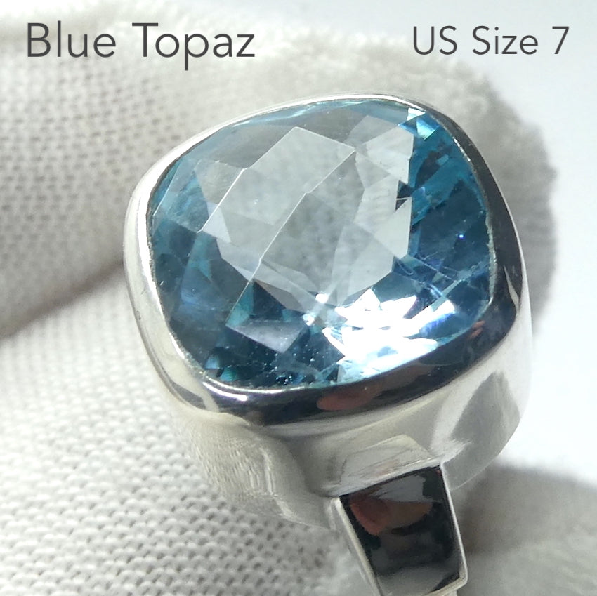 Blue Topaz  Ring | Flawless Faceted Square | Domed Checkerboard cut  | Sky to Swiss  Blue | 925 Sterling Silver | US Size 7 | AUS Size N1/2 | Genuine Gems from Crystal Heart Melbourne Australia since 1986