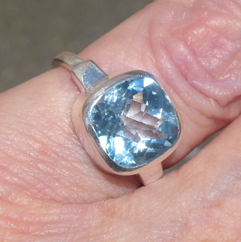Blue Topaz  Ring | Flawless Faceted Square | Domed Checkerboard cut  | Sky to Swiss  Blue | 925 Sterling Silver | US Size 7 | AUS Size N1/2 | Genuine Gems from Crystal Heart Melbourne Australia since 1986