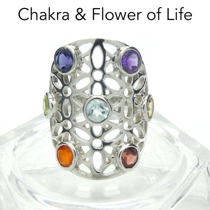 Chakra Rainbow Ring | 7 Faceted Gemstones | Amethyst, Carnelian, Garnet, Iolite, Peridot, Citrine, Blue Topaz | Well Made 925 Sterling Silver | US Ring Size 6 or 7 | Harmony & Connection | Meditation | Genuine Gems from Crystal Heart Melbourne Australia since 1986