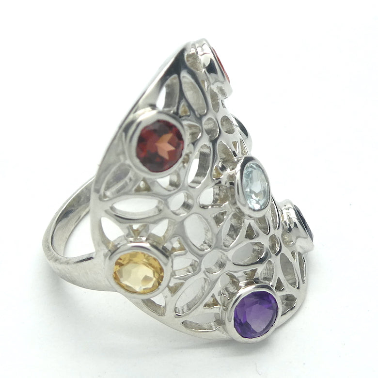 Chakra Rainbow Ring | 7 Faceted Gemstones | Amethyst, Carnelian, Garnet, Iolite, Peridot, Citrine, Blue Topaz | Well Made 925 Sterling Silver | US Ring Size 6 or 7 | Harmony & Connection | Meditation | Genuine Gems from Crystal Heart Melbourne Australia since 1986