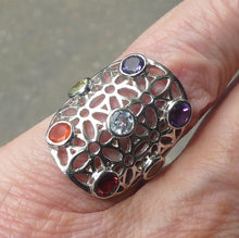 Load image into Gallery viewer, Chakra Rainbow Ring | 7 Faceted Gemstones | Amethyst, Carnelian, Garnet, Iolite, Peridot, Citrine, Blue Topaz | Well Made 925 Sterling Silver | US Ring Size 6 or 7 | Harmony &amp; Connection | Meditation | Genuine Gems from Crystal Heart Melbourne Australia since 1986