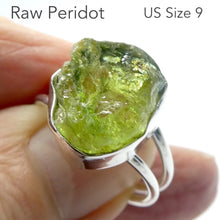 Load image into Gallery viewer, Peridot Ring | Raw Uncut Nugger | Gem Quality | 925 Sterling Silver | Bezel Set |  Open Back | Double Band | US Size 9 | AUS Size R1/2 | Genuine Gems from Crystal Heart Melbourne Australia since 1986