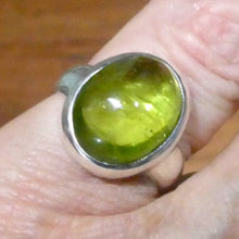 Load image into Gallery viewer, Peridot Ring | Oval Cabochon | 925 Sterling Silver| Besel set | Generous Band | 95% Silver | US Size 7.5 | AUS Size O1/2 | Superbly Handcrafted Ancient Style not out of place in Ancient Rome | Overcome nervous tension | Joyful Heart | Genuine gems from Crystal Heart Melbourne Australia since 1986