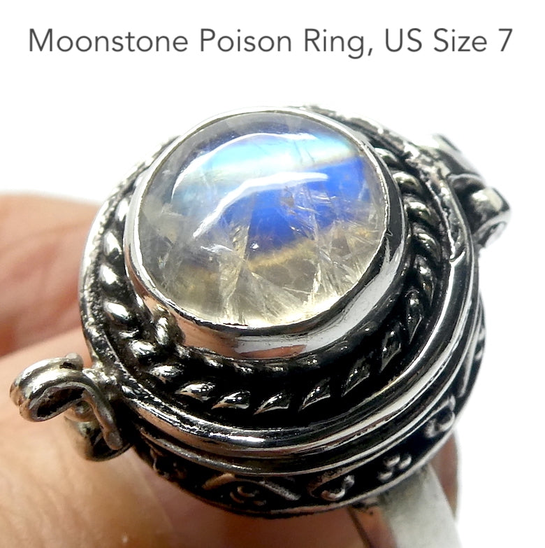 Rainbow Moonstone Ring | Posin Ring with Secret Compartment | 925 Sterling Silver | Ornate Silver Antique look | US Size 7 | AUS Size N1/2 | Cancer Libra Scorpio | Genuine Gems from Crystal Heart Melbourne Australia since 1986