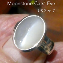 Load image into Gallery viewer, Moonstone Ring | Oval Cabochon | Polished to emphasise the cats eye chatoyancy | GUS Size 7  | Aus Size N1/2 | 925 Sterling Silver |  Cancer Libra Scorpio Stone | Genuine Gems from Crystal Heart Melbourne Australia 1986