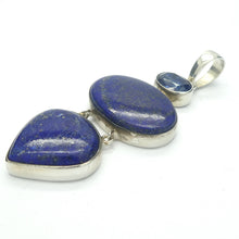 Load image into Gallery viewer, Lapis Lazuli and Kyanite Pendant  | Two cabochons with Faceted Blue Kyanite Accent above  | 925 Sterling Silver | Natural stone deep blue spangled with Gold Pyrites | Sagittarius Libra Taurus Capricorn | Meditation | Mindfulness | Inner Truth | Genuine Gems from Crystal Heart Melbourne Australia since 1986