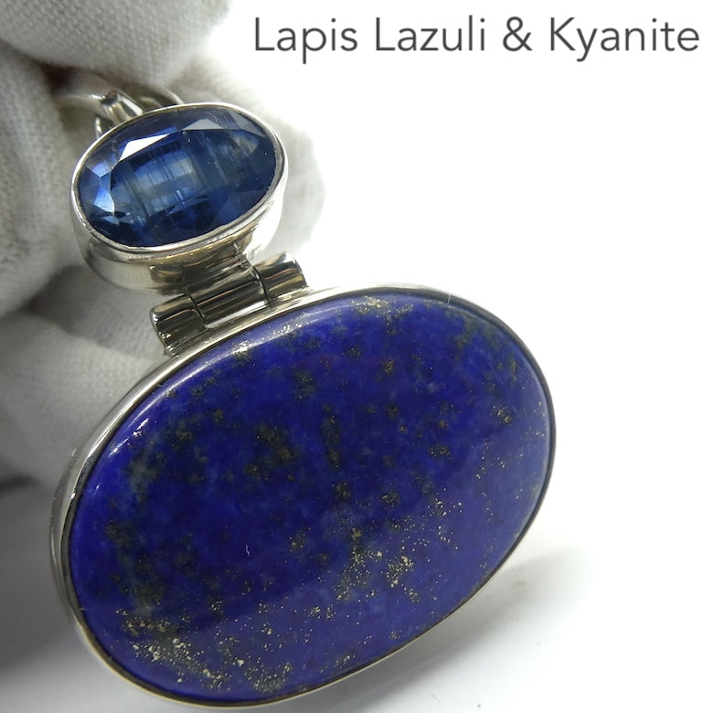 Lapis Lazuli and Kyanite Pendant  | Two cabochons with Faceted Blue Kyanite Accent above  | 925 Sterling Silver | Natural stone deep blue spangled with Gold Pyrites | Sagittarius Libra Taurus Capricorn | Meditation | Mindfulness | Inner Truth | Genuine Gems from Crystal Heart Melbourne Australia since 1986