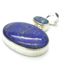Load image into Gallery viewer, Lapis Lazuli and Kyanite Pendant  | Two cabochons with Faceted Blue Kyanite Accent above  | 925 Sterling Silver | Natural stone deep blue spangled with Gold Pyrites | Sagittarius Libra Taurus Capricorn | Meditation | Mindfulness | Inner Truth | Genuine Gems from Crystal Heart Melbourne Australia since 1986