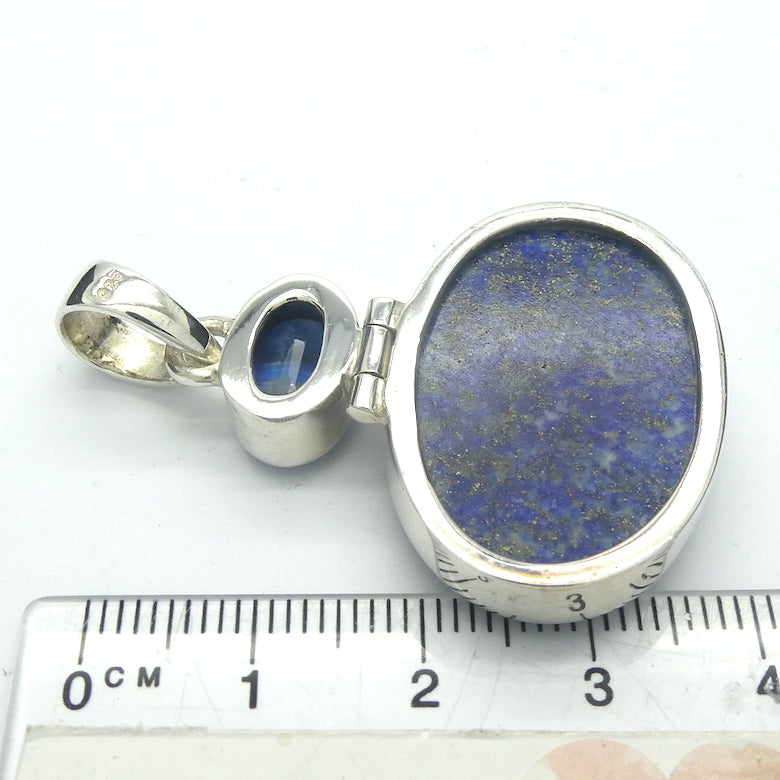 Lapis Lazuli and Kyanite Pendant  | Two cabochons with Faceted Blue Kyanite Accent above  | 925 Sterling Silver | Natural stone deep blue spangled with Gold Pyrites | Sagittarius Libra Taurus Capricorn | Meditation | Mindfulness | Inner Truth | Genuine Gems from Crystal Heart Melbourne Australia since 1986