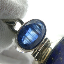 Load image into Gallery viewer, Lapis Lazuli and Kyanite Pendant  | Two cabochons with Faceted Blue Kyanite Accent below | 925 Sterling Silver | Natural stone deep blue spangled with Gold Pyrites | Sagittarius Libra Taurus Capricorn | Meditation | Mindfulness | Inner Truth | Genuine Gems from Crystal Heart Melbourne Australia since 1986