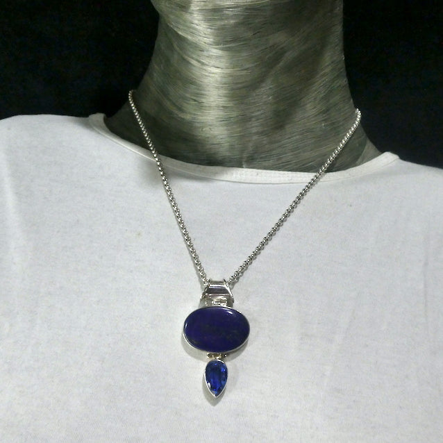 Lapis Lazuli and Kyanite Pendant  | Two cabochons with Faceted Blue Kyanite Accent below | 925 Sterling Silver | Natural stone deep blue spangled with Gold Pyrites | Sagittarius Libra Taurus Capricorn | Meditation | Mindfulness | Inner Truth | Genuine Gems from Crystal Heart Melbourne Australia since 1986